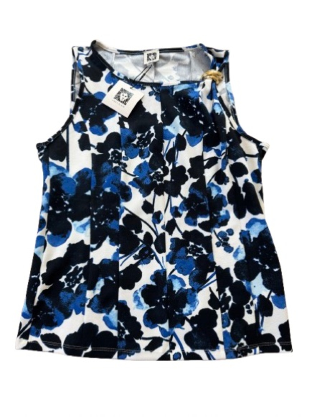 Anne Klein Blue and Black Floral Scoop Neck Tank Size S NWT